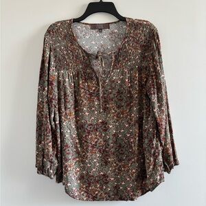 90s Berkley Jensen Blouse Green Burgundy Floral Women L Smocked Autumn Leaf Fall